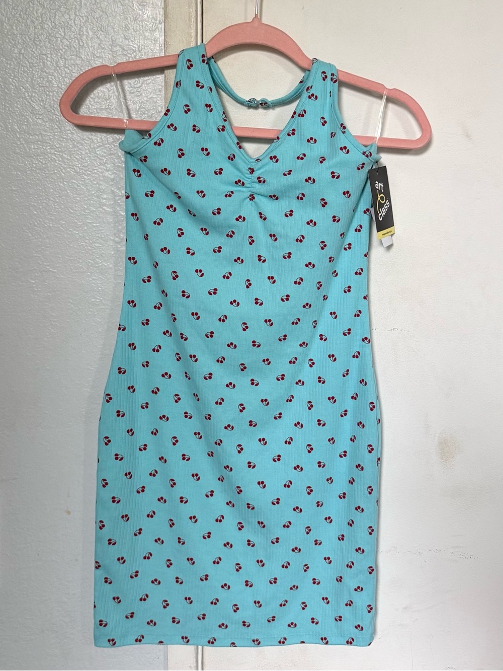 art class Aqua Cherry Print Ribbed Tank Mini Dress